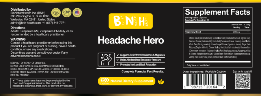 Headache Hero, Natural Dietary Supplement, 150 Capsules