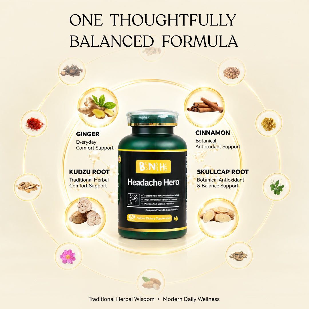 Headache Hero formula with ginger, cinnamon, kudzu root and skullcap root arranged around the bottle