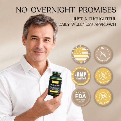 Man holding Headache Hero with cGMP certified and FDA-registered facility badges