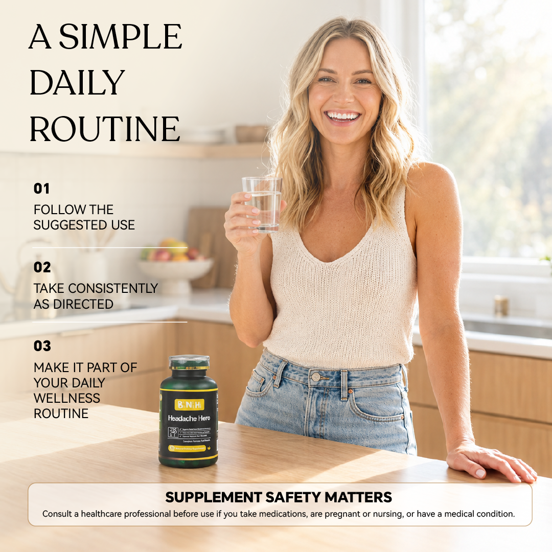 Woman with a glass of water next to Headache Hero, showing a simple daily routine