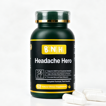 Headache Hero 150-capsule botanical supplement bottle by BNH with capsules