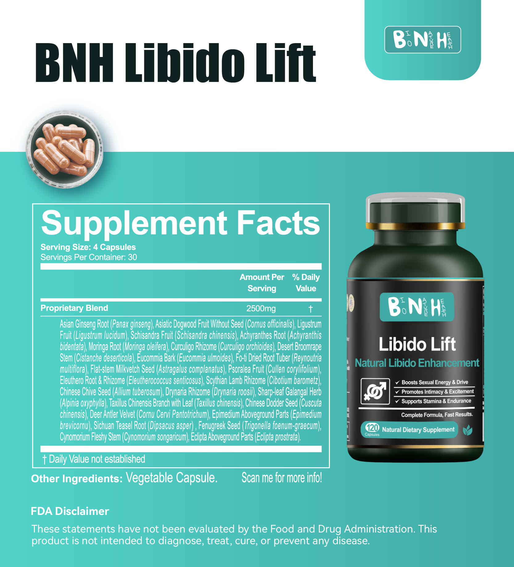 How to take Libido Lift — 4 capsules daily, with or without food, designed for daily long-term use