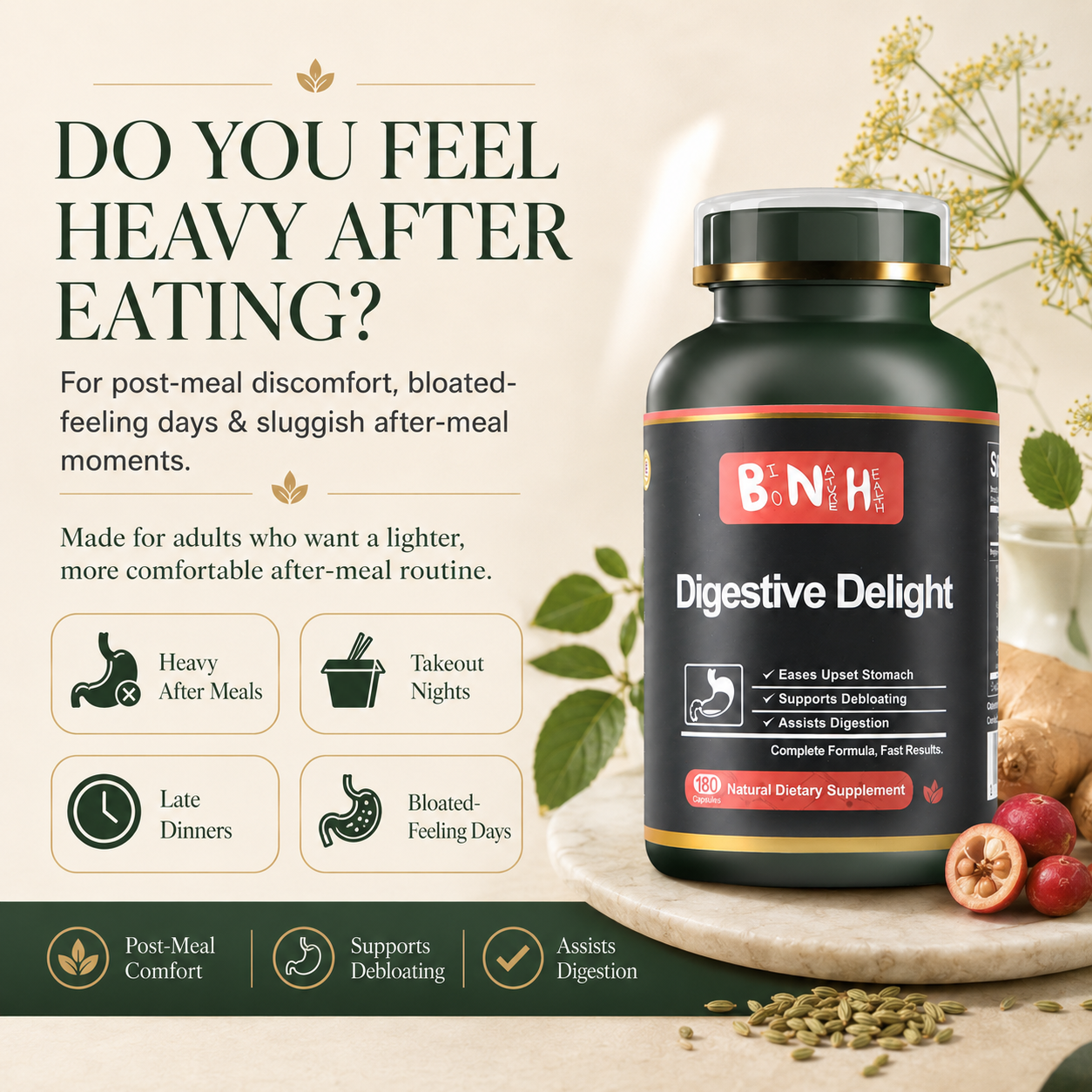 Digestive Delight: Herbal Gut Comfort &amp; Bloating Relief (180 Capsules)