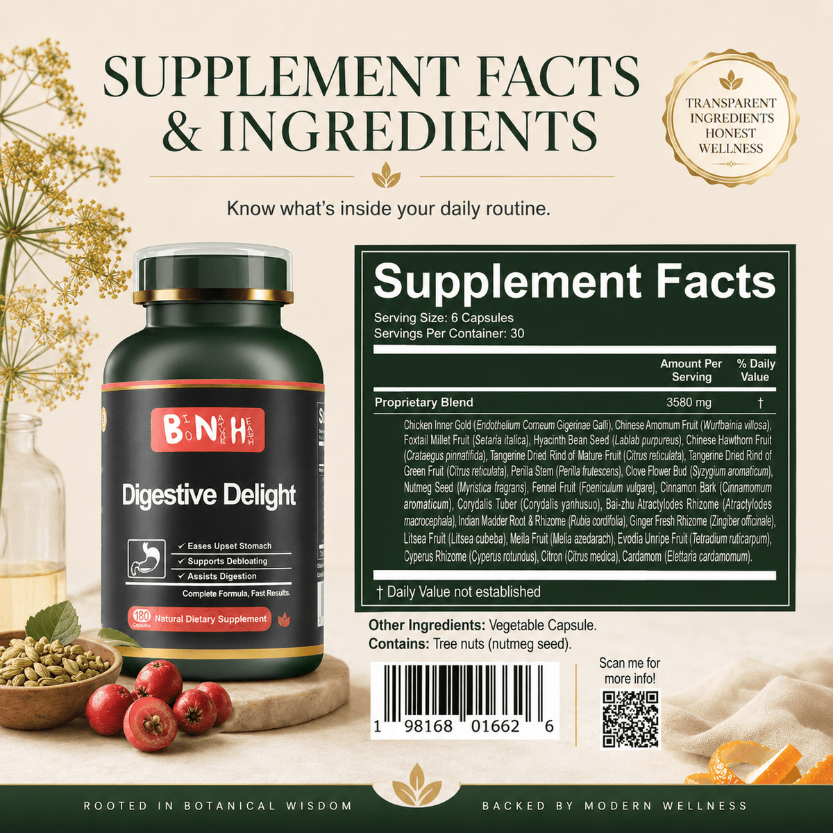 Digestive Delight: 22-Ingredient After-Meal Comfort &amp; Bloating Support (180 Capsules) - BNH