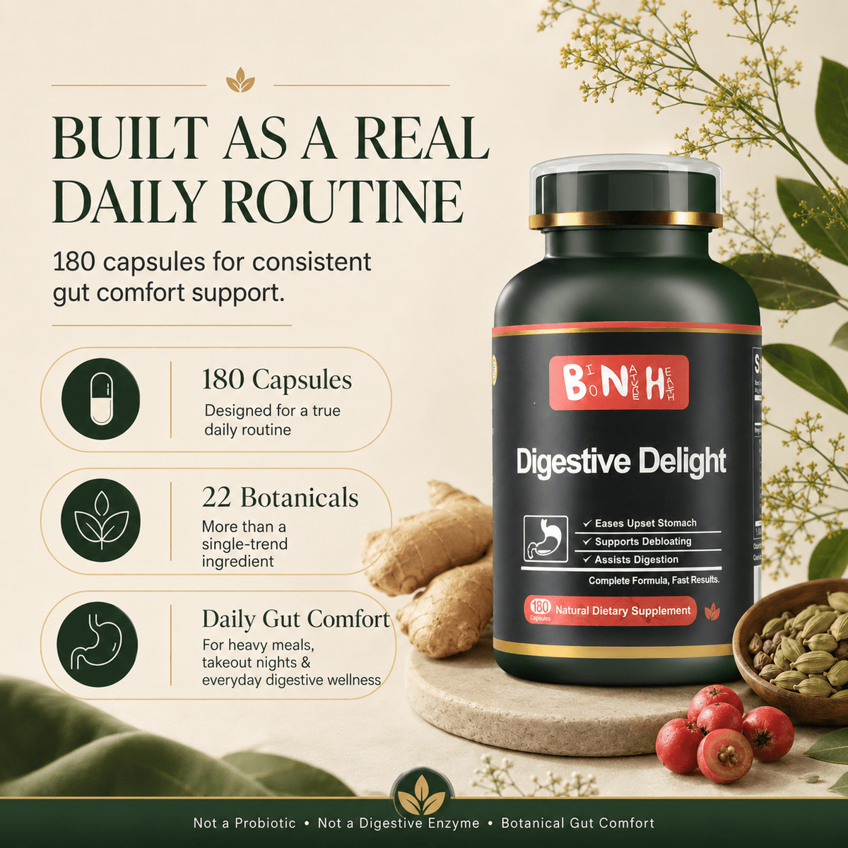 Digestive Delight: 22-Ingredient After-Meal Comfort &amp; Bloating Support (180 Capsules) - BNH