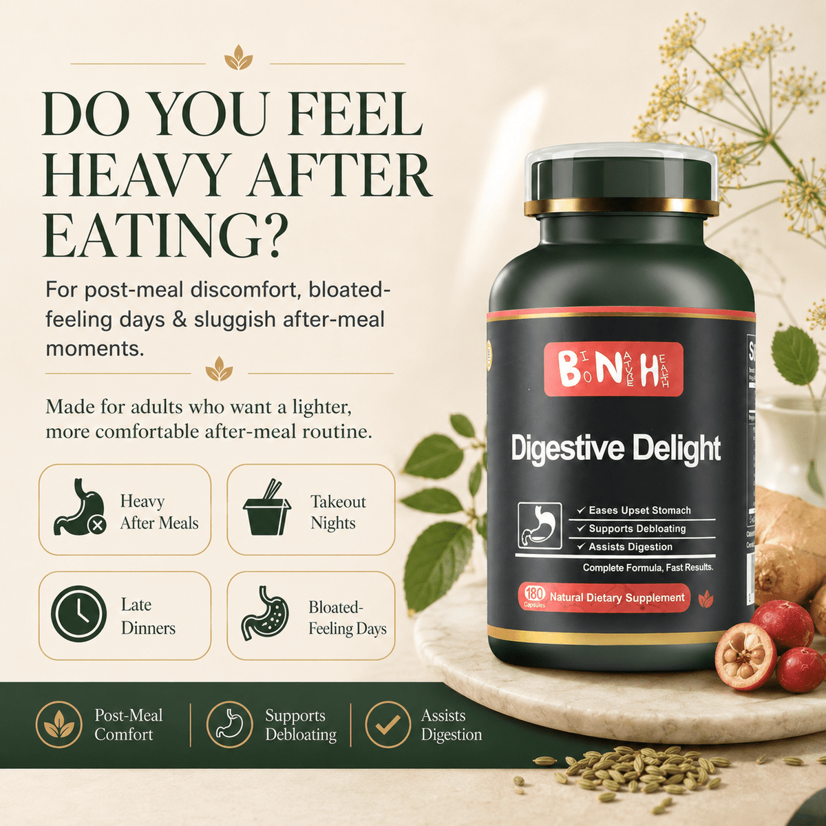 Digestive Delight: 22-Ingredient After-Meal Comfort &amp; Bloating Support (180 Capsules) - BNH